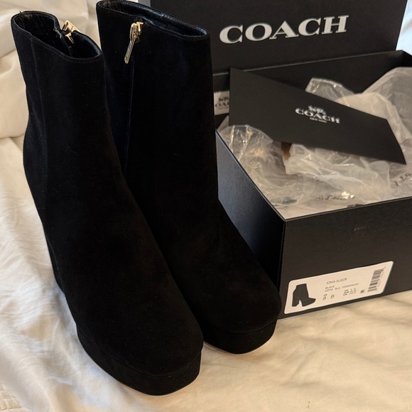 Coach Elegant Black Block Suede Ankle Booties - Picture 1 of 2